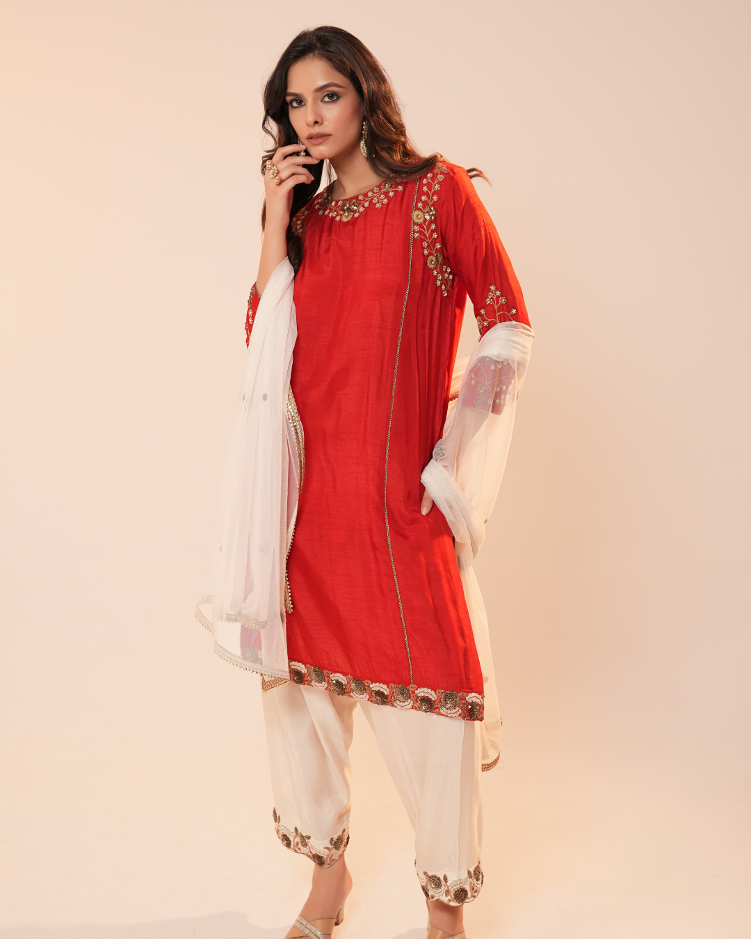 RED AND WHITE SILK SUIT