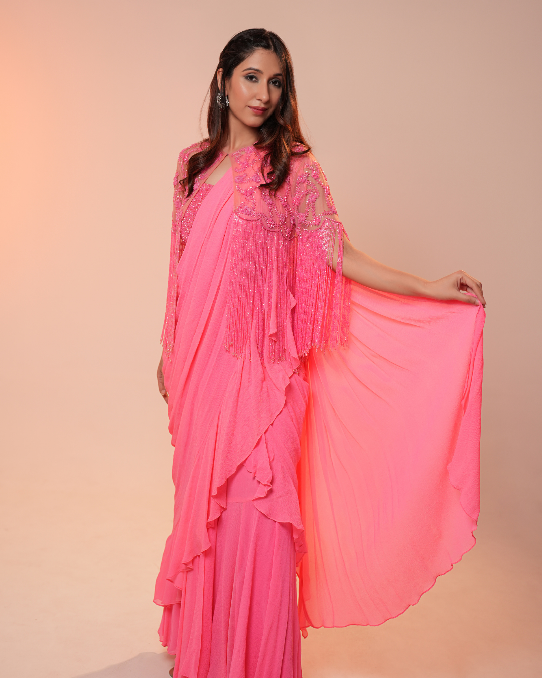 DRAPED SAREE WITH FRINGED CAPE