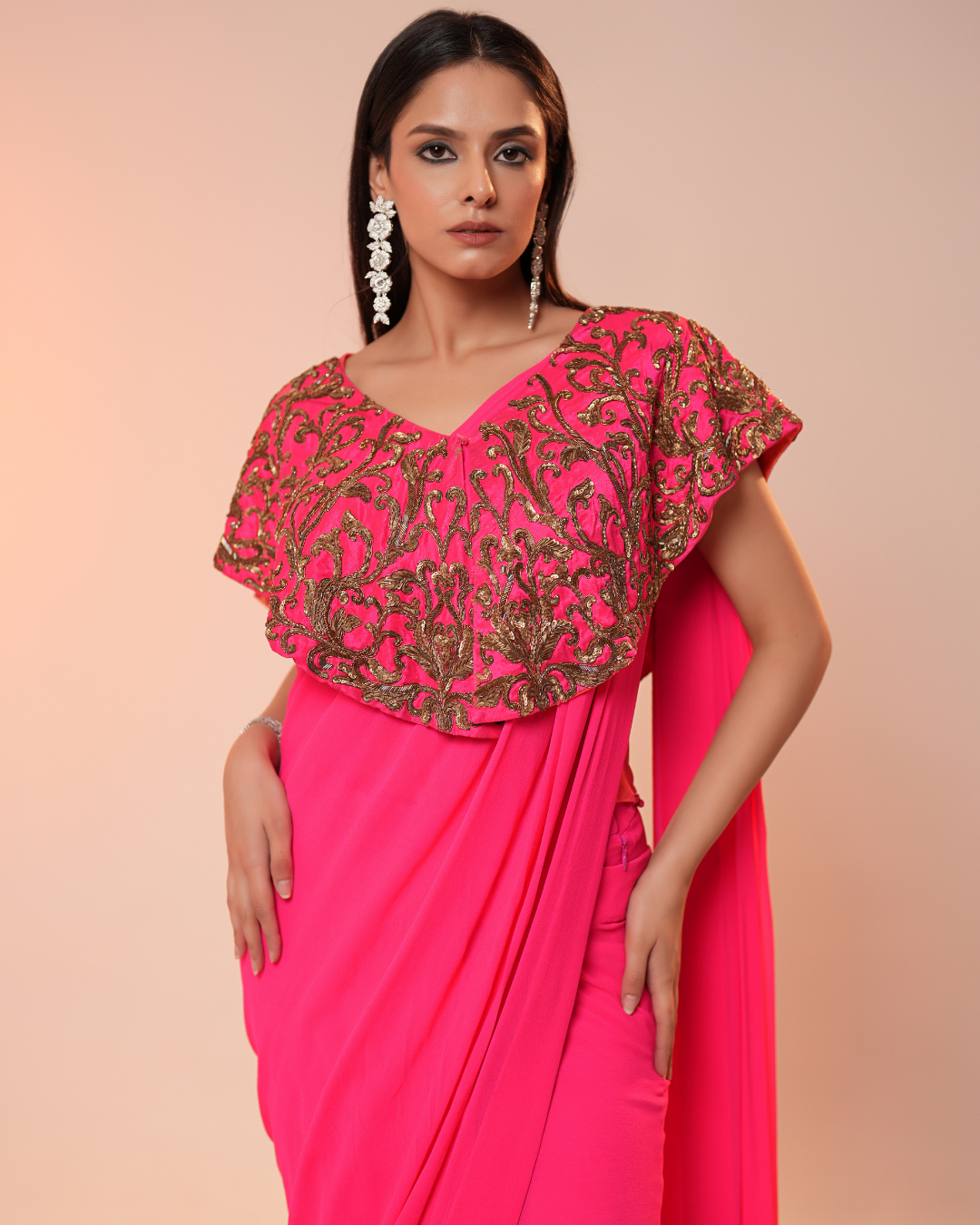 RED DRAPED SAREE WITH CAPE