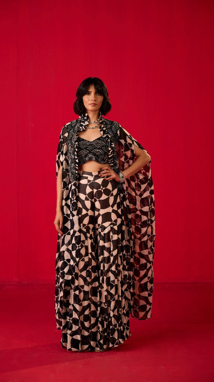 EMBELLISHED CAPE WITH EMBROIDERED BLOUSE AND GHARARA