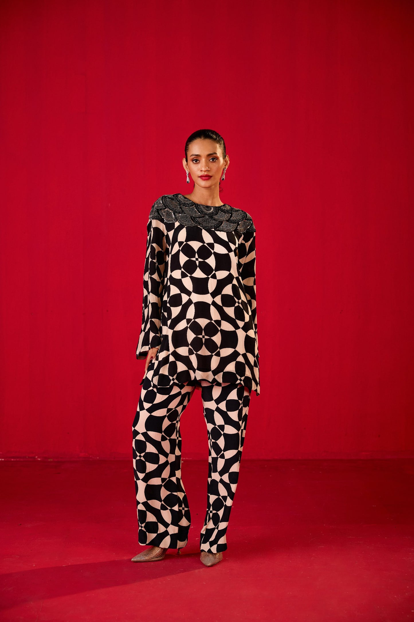 PRINTED CREPE CO-ORD WITH EMBROIDERY ON SHOULDERS