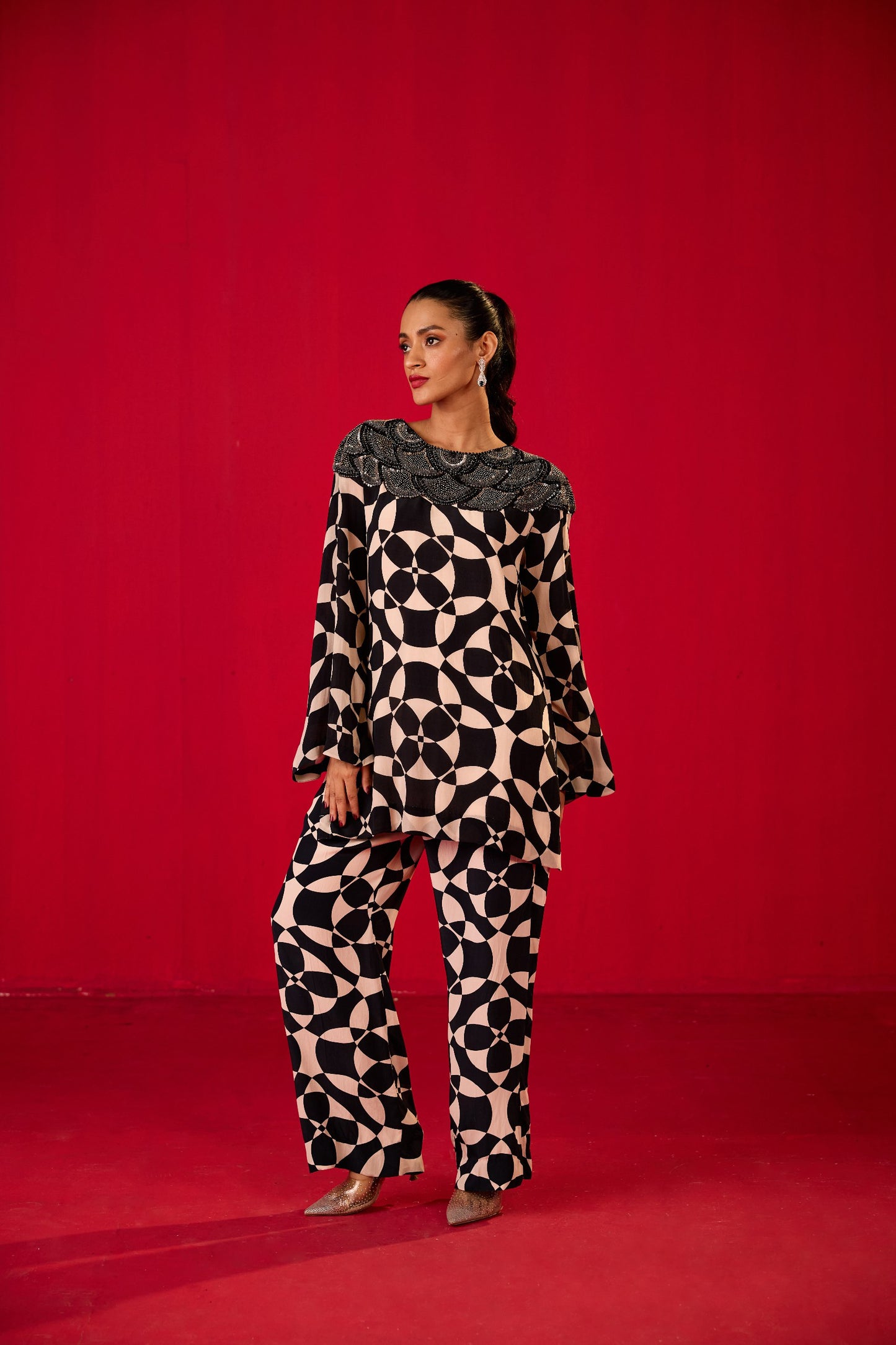 PRINTED CREPE CO-ORD WITH EMBROIDERY ON SHOULDERS