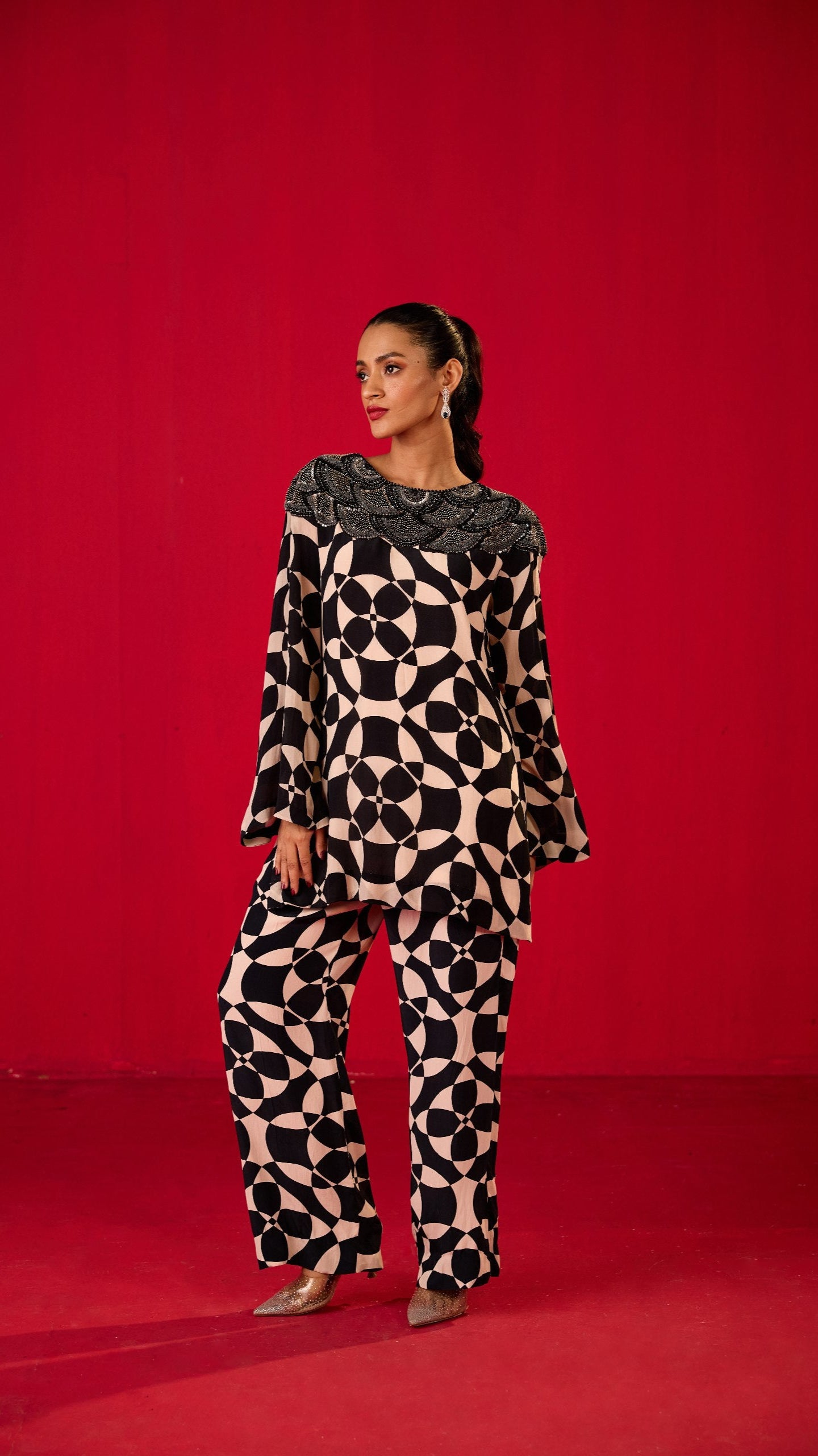 PRINTED CREPE CO-ORD WITH EMBROIDERY ON SHOULDERS