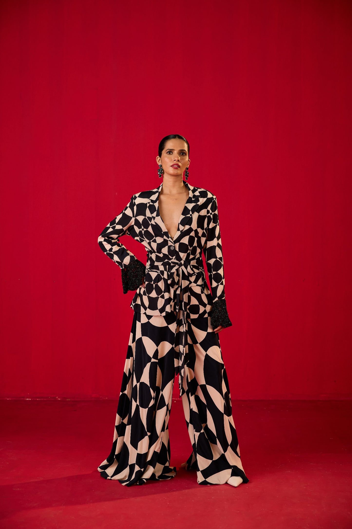 PRINTED SHARARA WITH DOUBLE BREASTED JACKET WITH RUFFLED EMBROIDERED SLEEVES