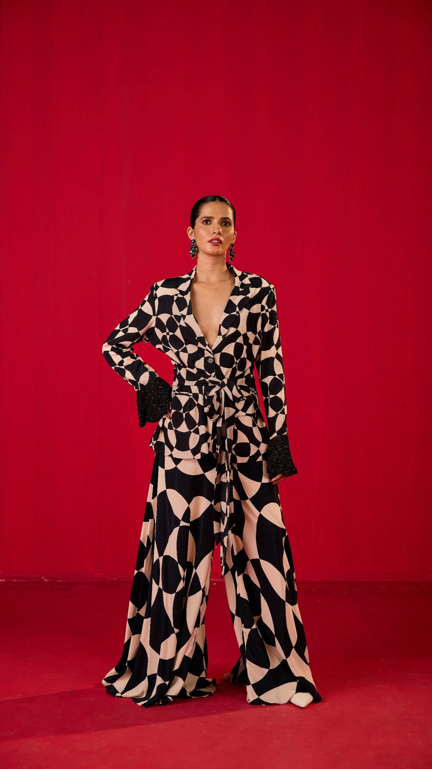 PRINTED SHARARA WITH DOUBLE BREASTED JACKET WITH RUFFLED EMBROIDERED SLEEVES