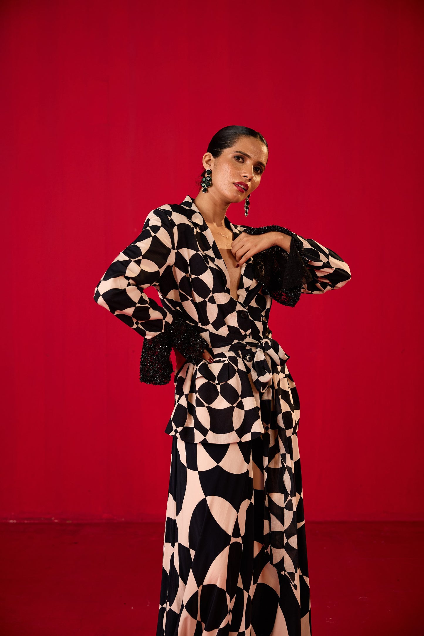 PRINTED SHARARA WITH DOUBLE BREASTED JACKET WITH RUFFLED EMBROIDERED SLEEVES