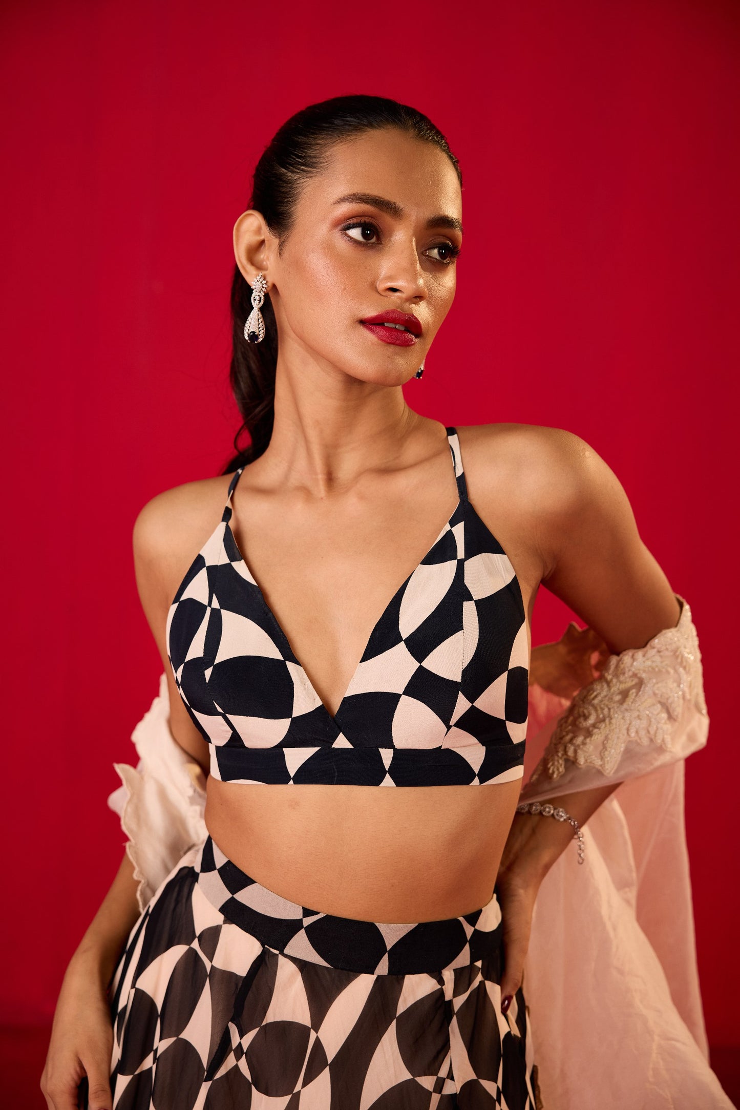 PRINTED CHIFFON SKIRT WITH BUSTIER WITH OFF WHITE ORGANZA CREPE WITH EMB