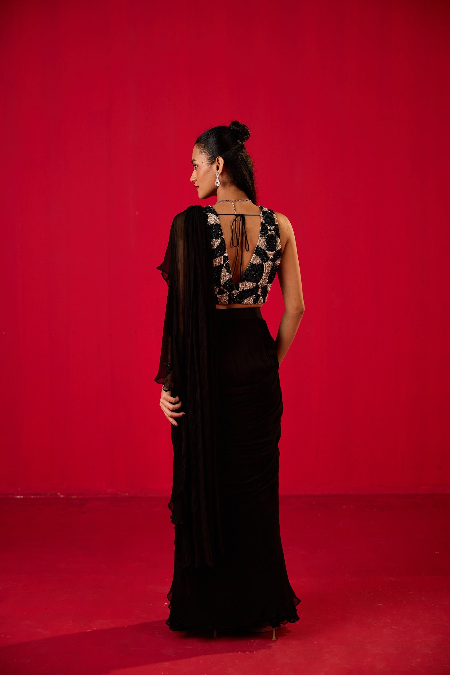 BLACK PLAIN RUFFLED STITCHED SAREE WITH EMBROIDERED BLOUSE