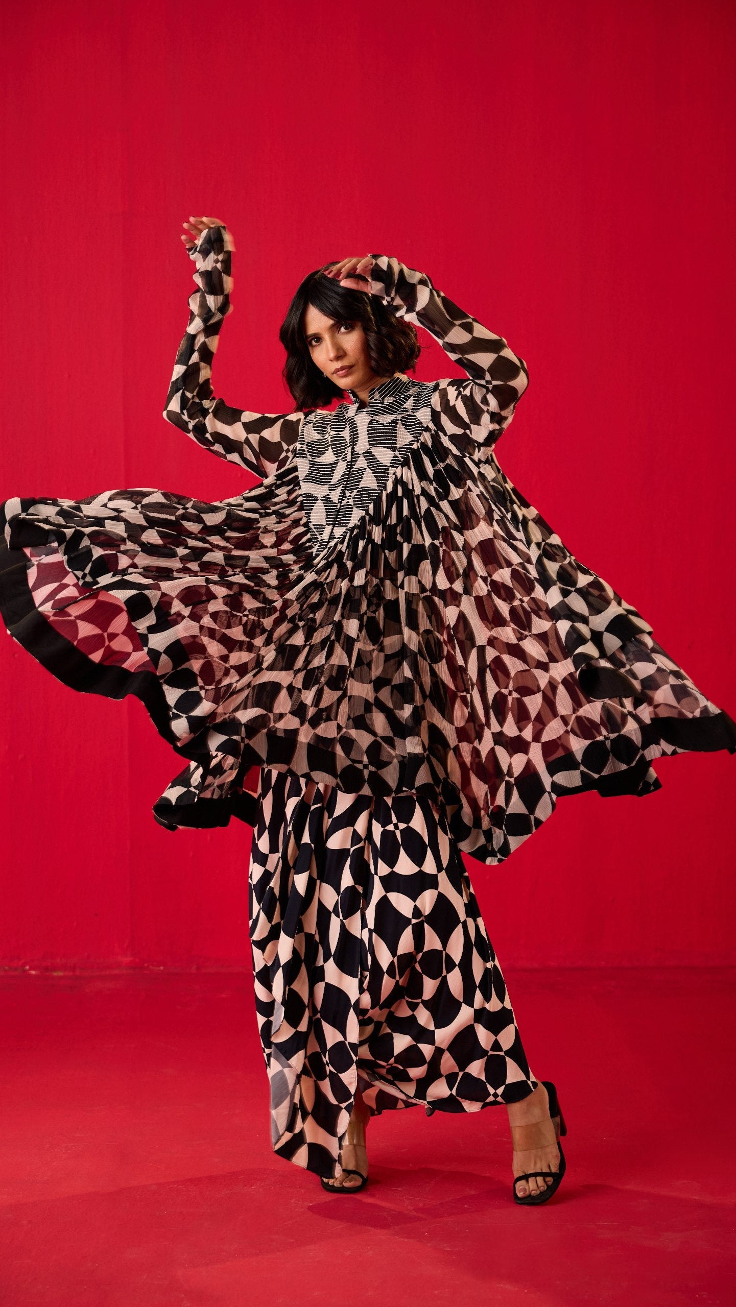 PRINTED CHIFFON LOOSE TOP WITH LUNGI