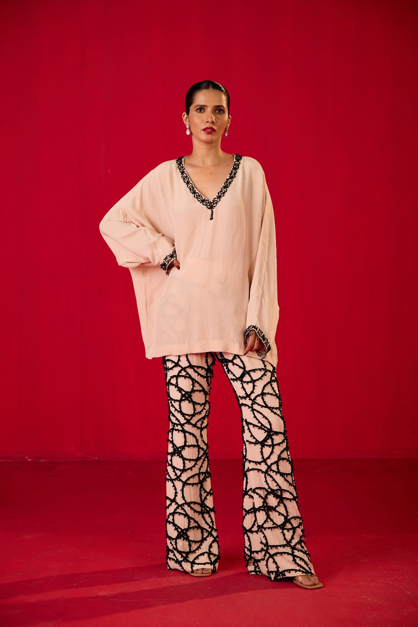 OFF WHITE CRAPE LOOSE TOP WITH STRAIGHT EMB TROUSERS