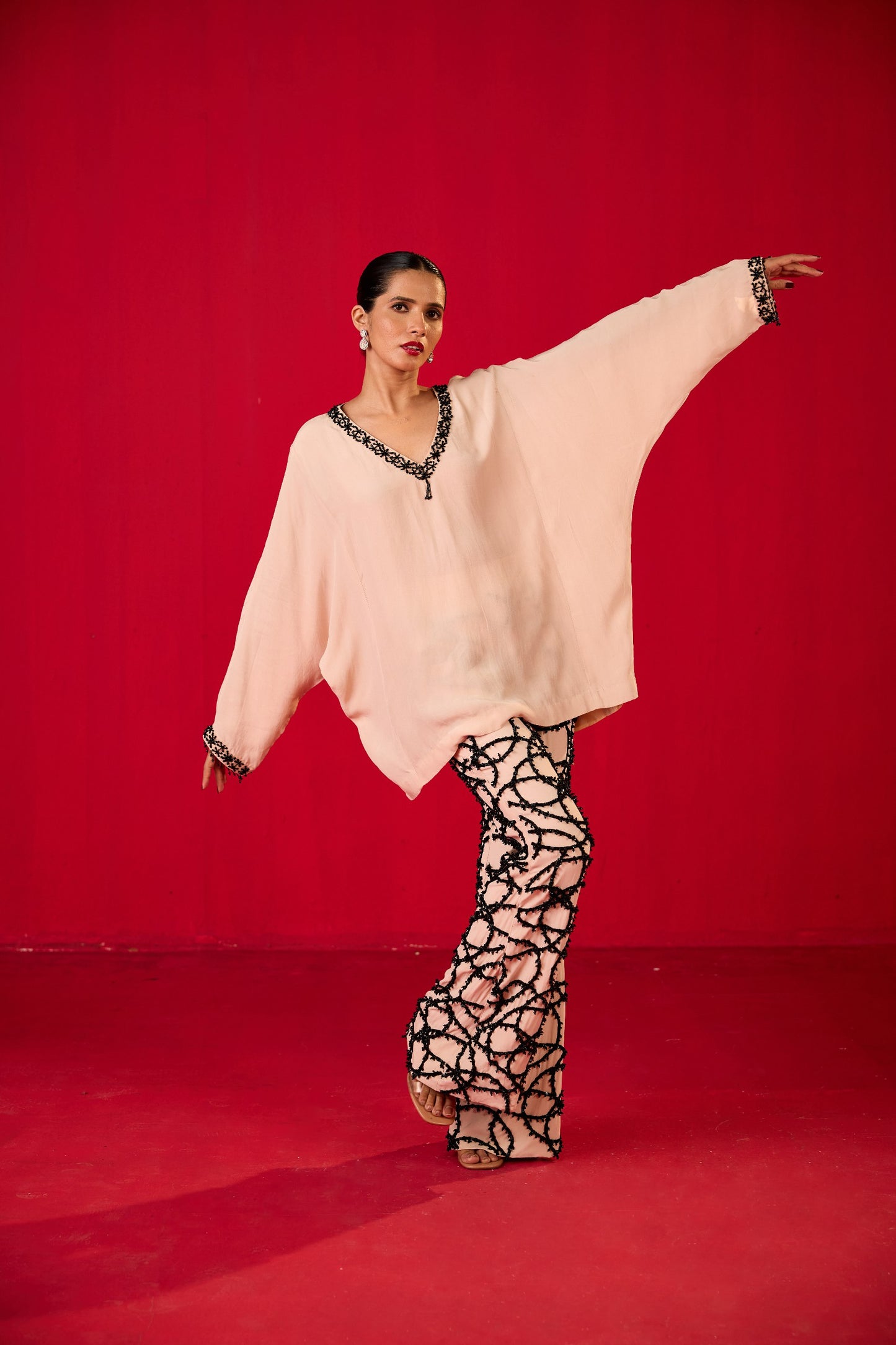 OFF WHITE CRAPE LOOSE TOP WITH STRAIGHT EMB TROUSERS