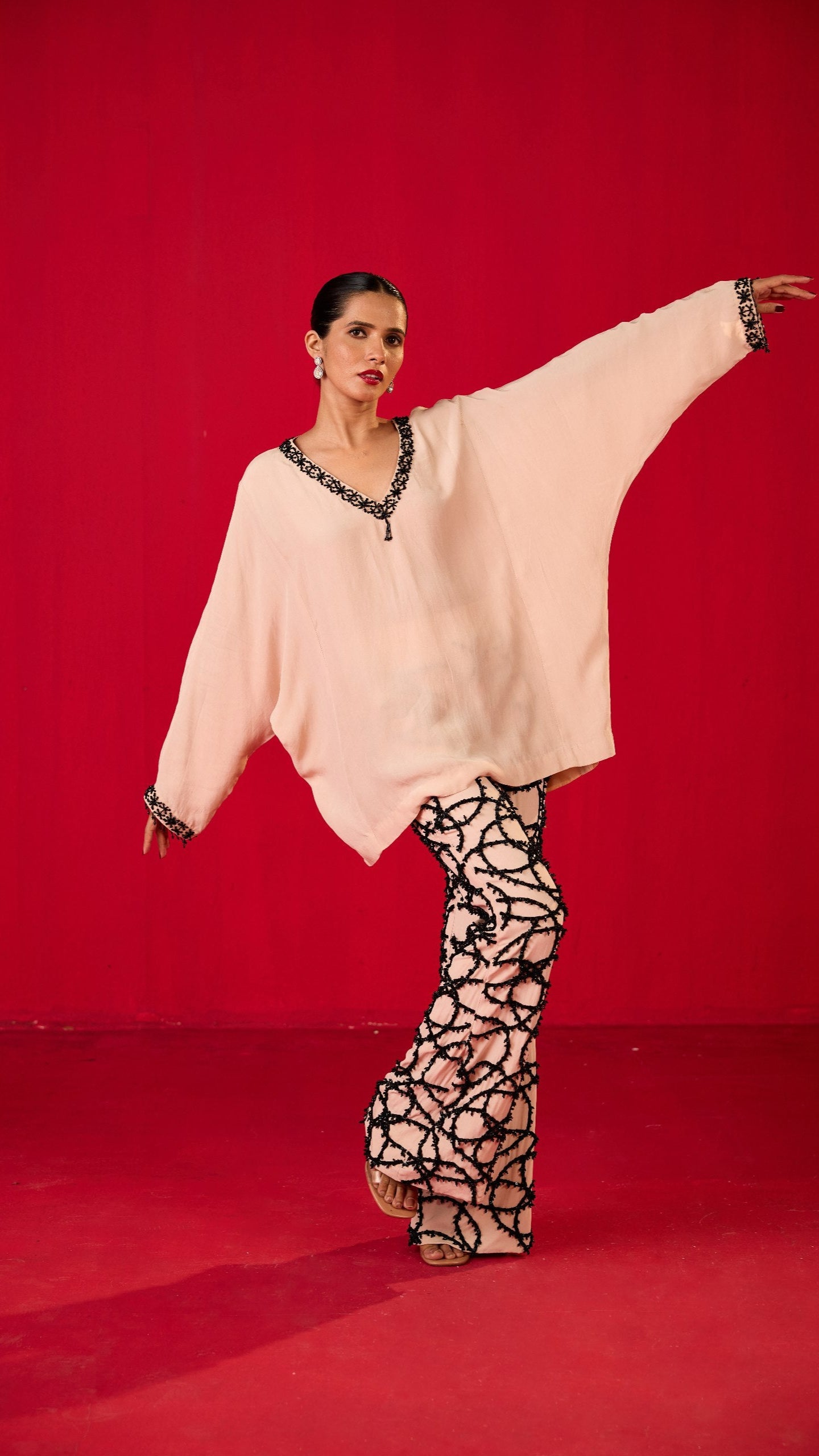 OFF WHITE CRAPE LOOSE TOP WITH STRAIGHT EMB TROUSERS