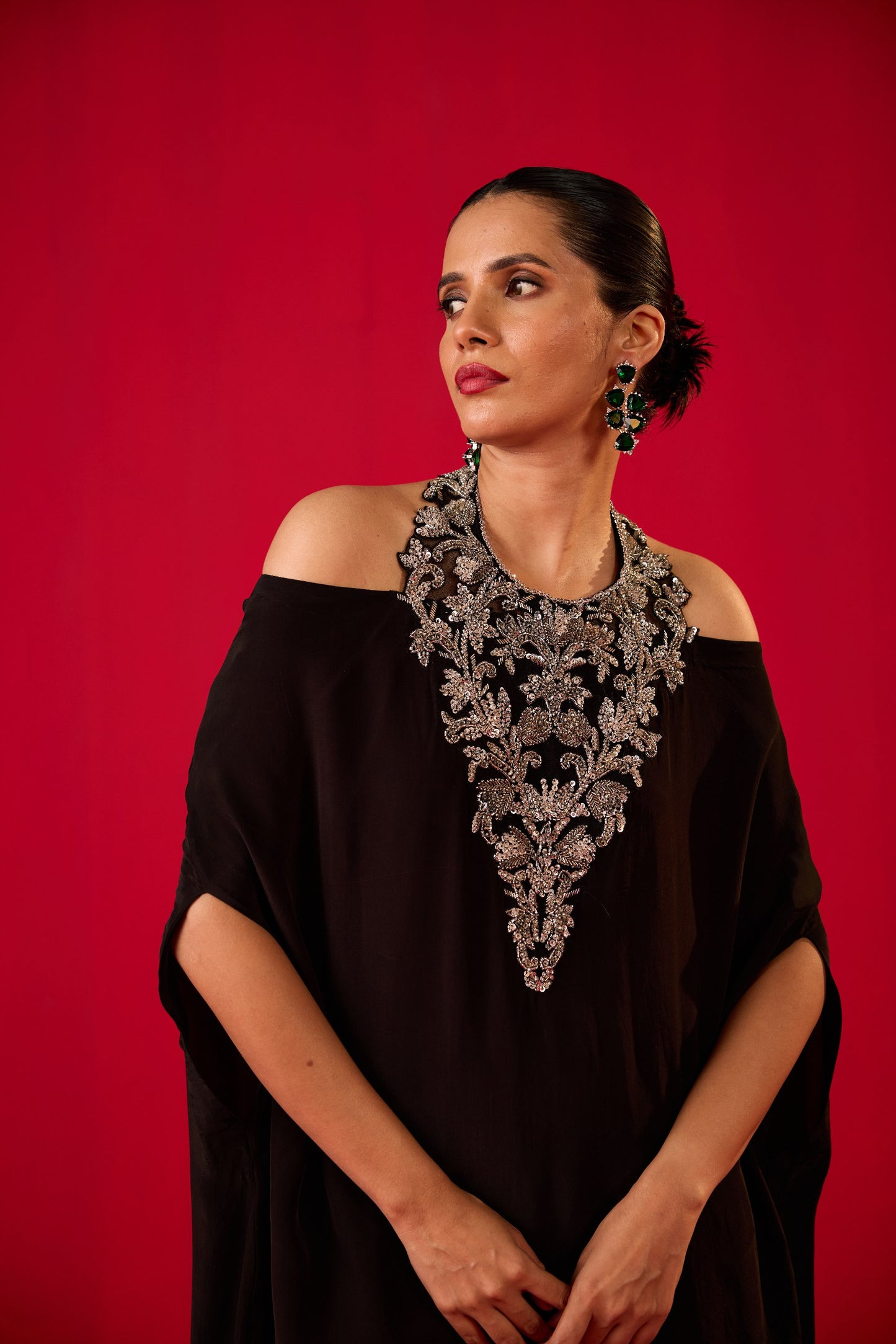 OFF SHOULDER BLACK TOP WITH PRINTED SHARARA