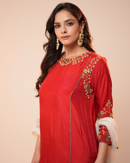 RED AND WHITE SILK SUIT