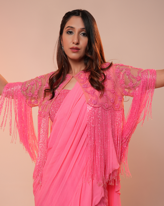 DRAPED SAREE WITH FRINGED CAPE