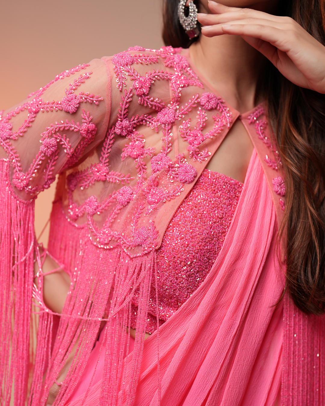 DRAPED SAREE WITH FRINGED CAPE