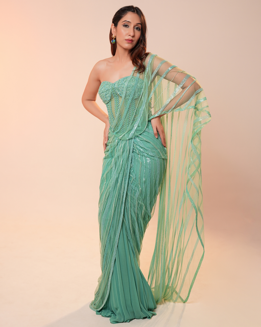 TURQUOISE DRAPED SAREE WITH CORSET