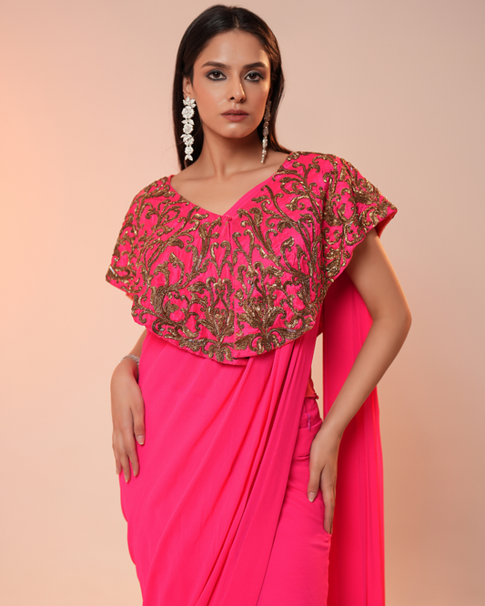 RED DRAPED SAREE WITH CAPE