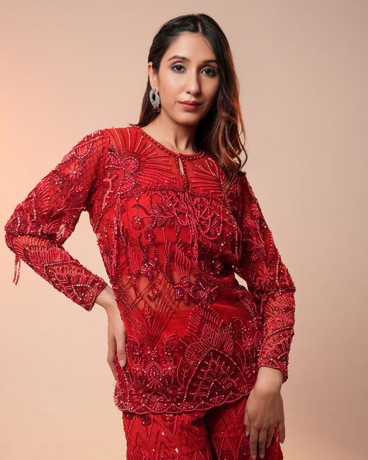 RED FULLY EMB GHARARA SET