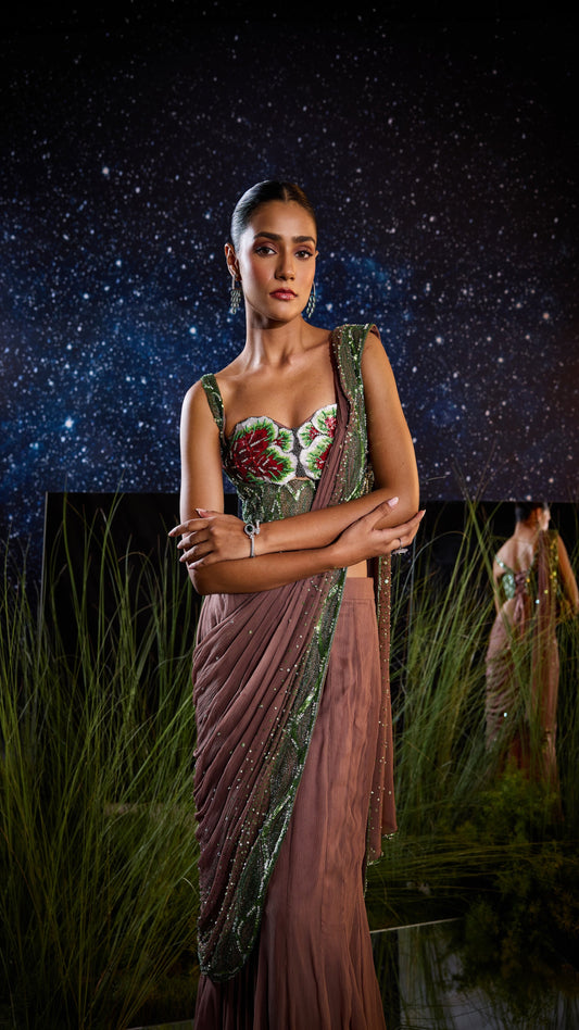 Woman in a saree standing in a grassy field with a starry night sky.