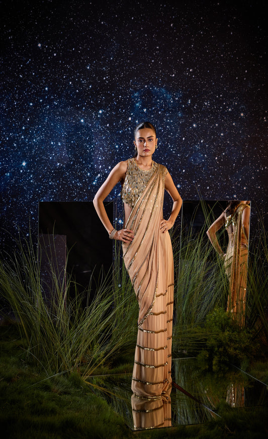 Woman in a saree standing in front of a starry night sky with grass and water below.