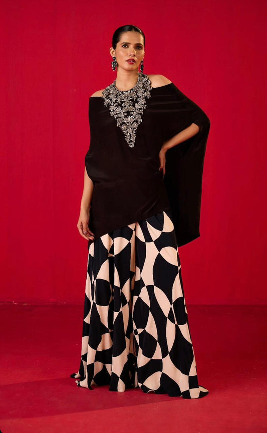 OFF SHOULDER BLACK TOP WITH PRINTED SHARARA