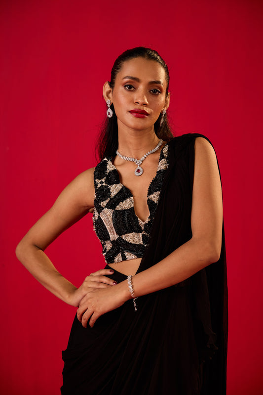 BLACK PLAIN RUFFLED STITCHED SAREE WITH  EMBROIDERED BLOUSE