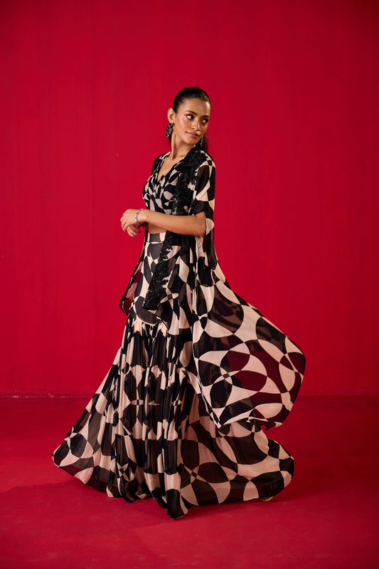 PRINTED ORGANZA CAPE WITH GHARARA AND BUSTIER